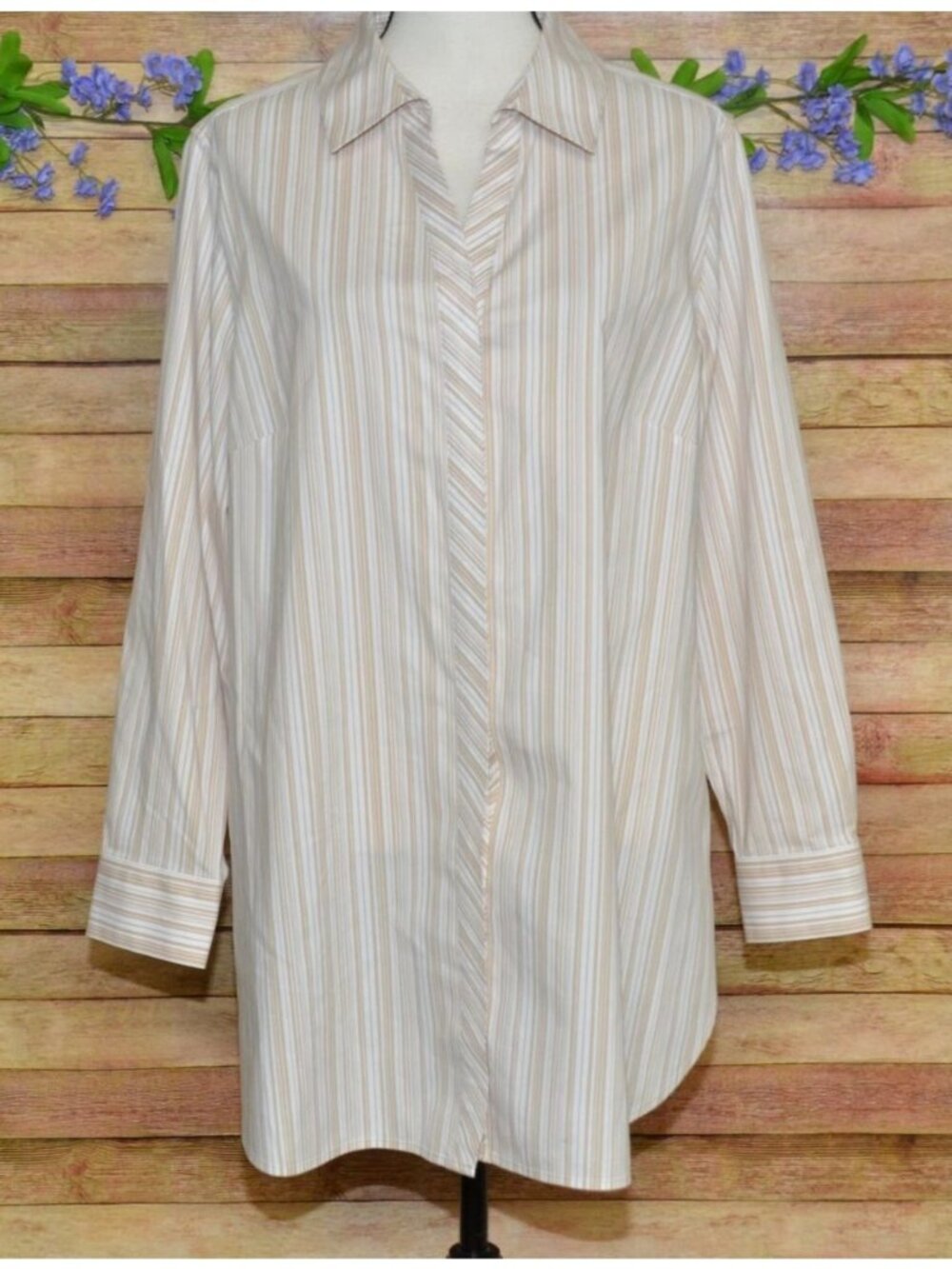 FOXCROFT No-Iron Long Sleeve Khaki Striped Concealed Button Down Shirt Size 14W